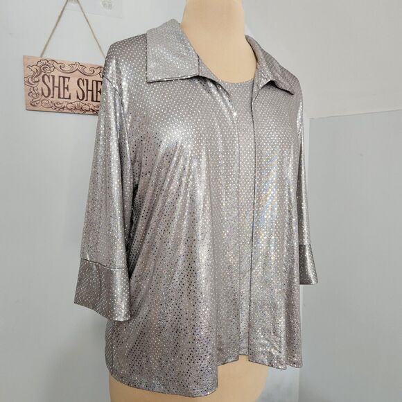 Silver Metallic Button Up Shirt Over Tank Top Womens Medium Holiday Festive - Picture 3 of 11